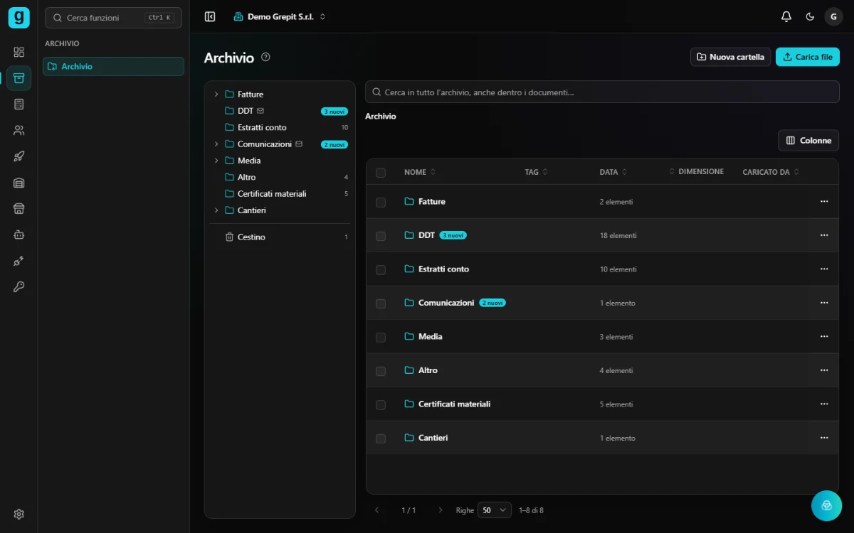 L'Archivio documenti di grepit con le cartelle per fatture, DDT, estratti conto e comunicazioni
