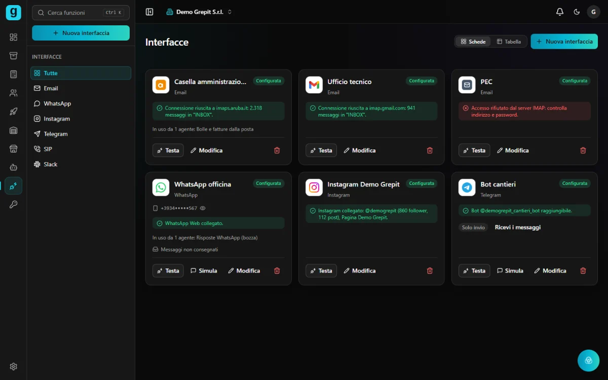 Le interfacce di un'azienda in grepit: caselle email, WhatsApp, Instagram e Telegram collegati agli agenti
